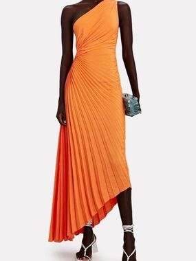 House of Harlow 1960 One-Shoulder Pleated Bright Orange Midi Dress